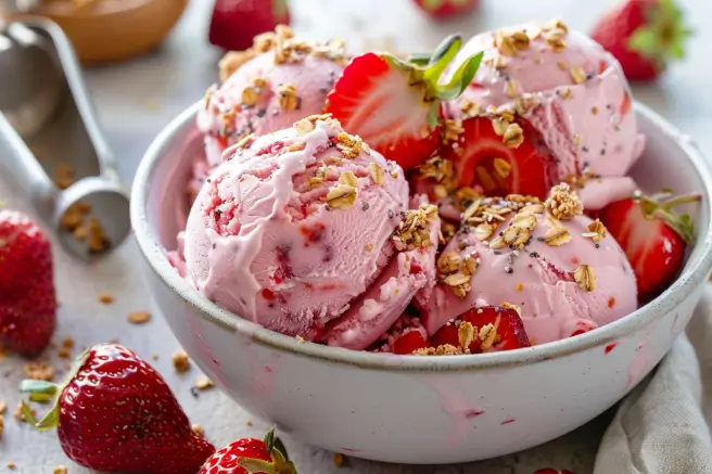 strawberry cheesecake ice cream with fresh strawberries